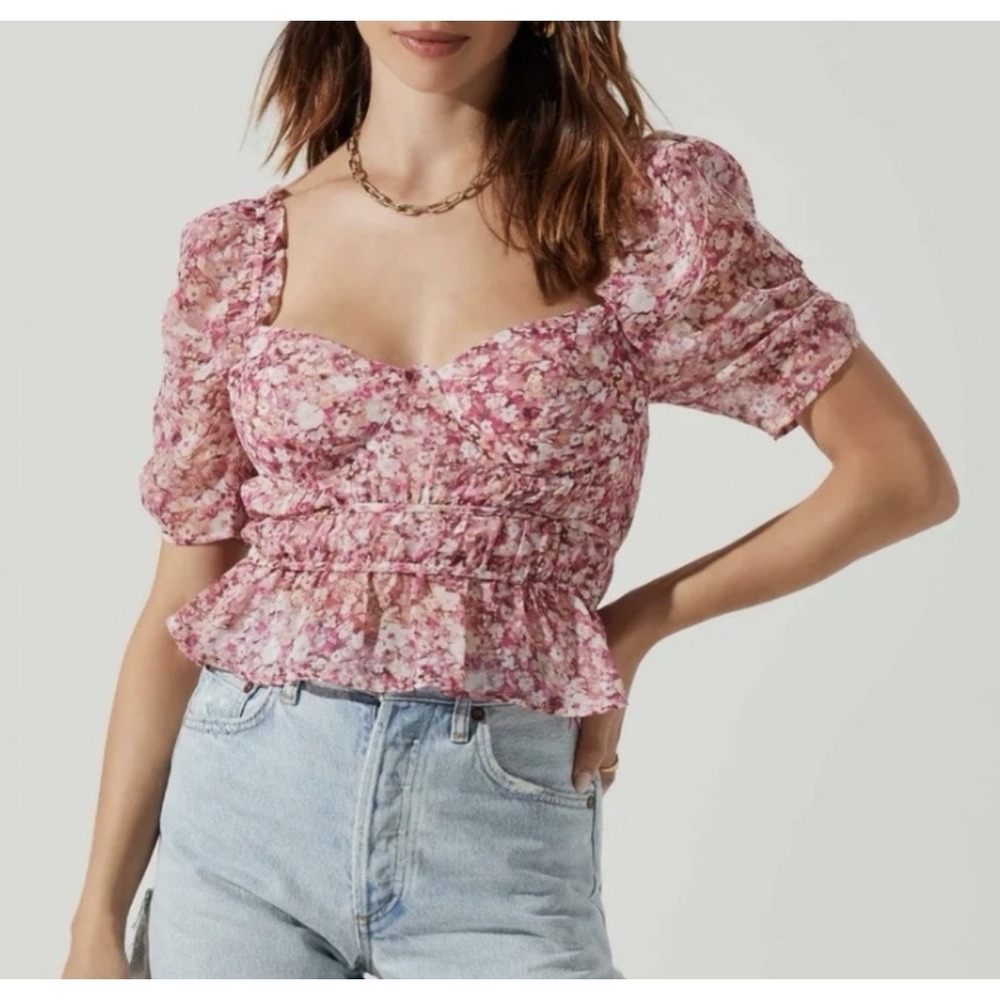 ASTR The Label Nayeli Cropped Pink Floral Puff Sleeve Top Corset SZ M Festival